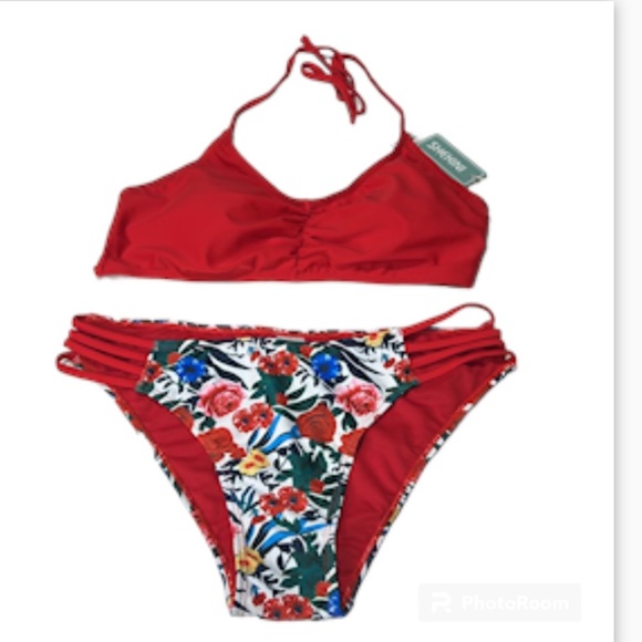 SHEKINI 2 piece Red and Floral Print Strappy Back Bikini; women size L - Picture 3 of 14